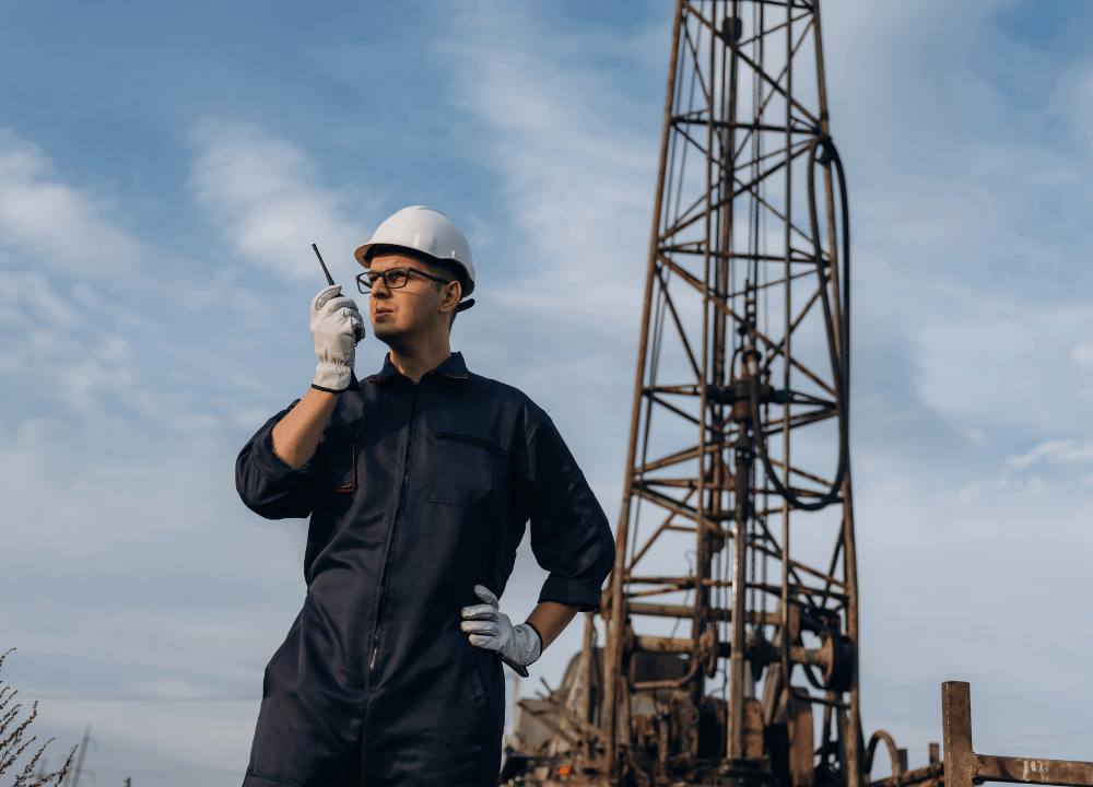 Technician performing plunger lift maintenance in oilfield.
